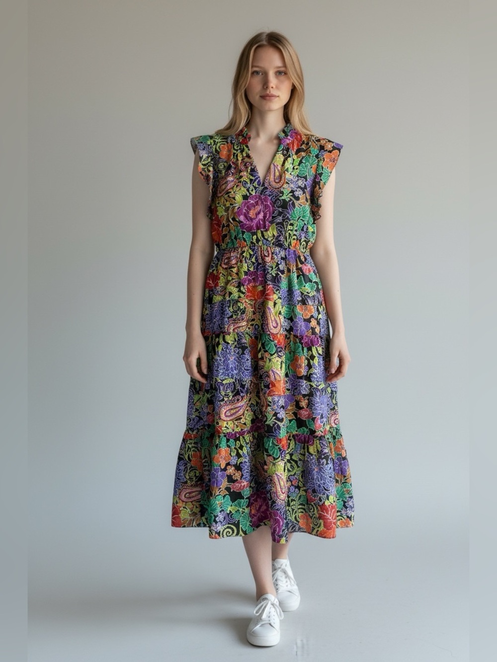 THML Multicolor Floral Paisley Maxi Dress - Purple, Green, Orange